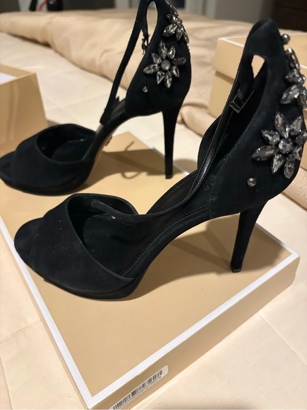 Michael Kors Black Suede Open-Toe Crystal Heel Sandals